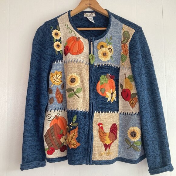 Tiara Sweater Fall Autumn Pumpkins Full Zip Embroidered Beaded Thanksgiving Sz L - Picture 1 of 16